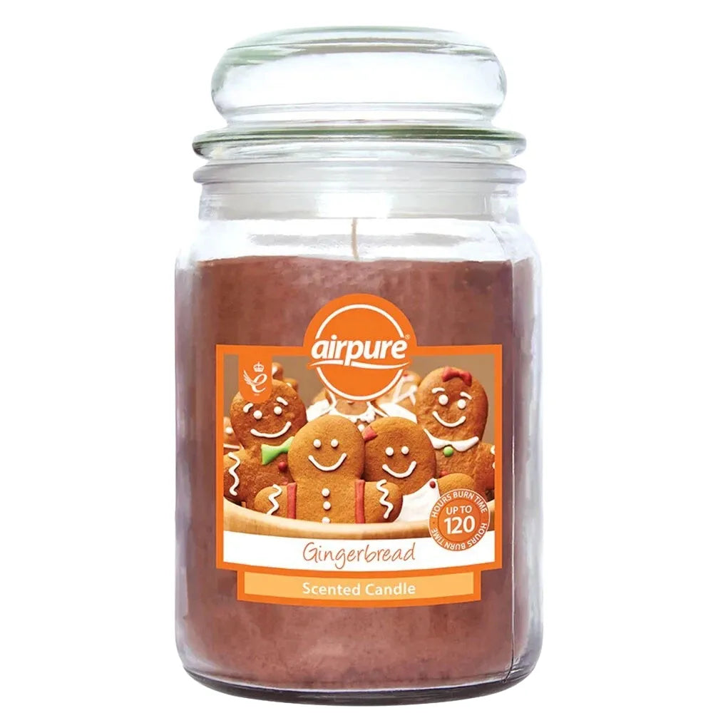Airpure gingerbread scented candle in a glass jar on a white background