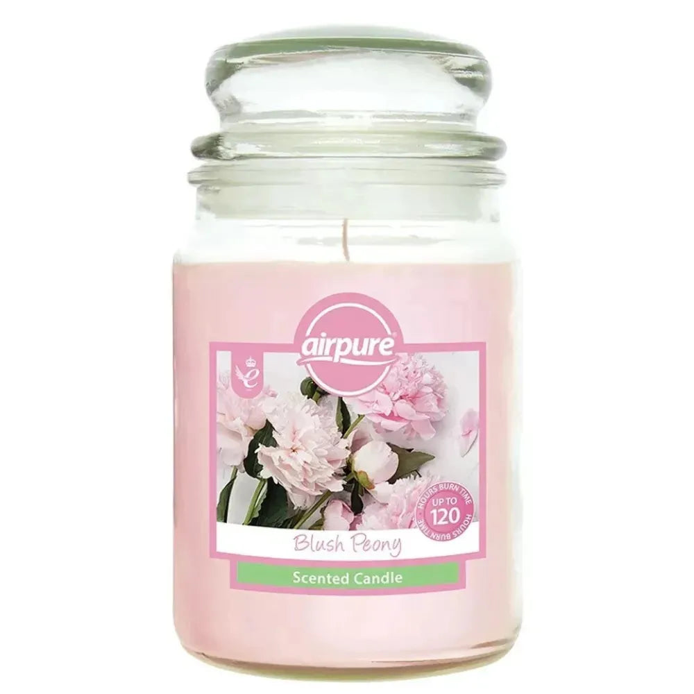 Scented candle in a glass jar with 'airpure' branding on a white background