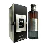 Fakhra Oud Romance perfume bottle and packaging on a white background