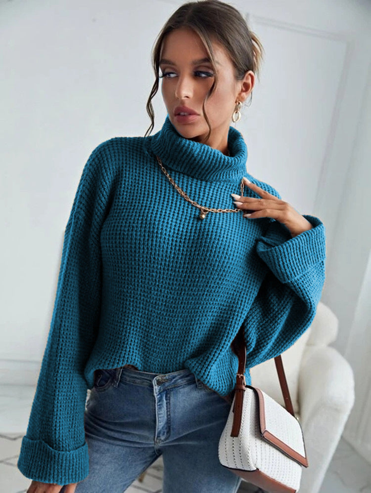 New Style High Collar Solid Color Slim Knit Sweater For Women