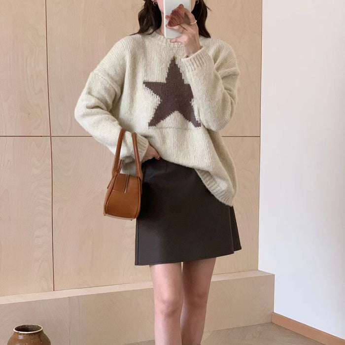 Retro Style Fashionable Simple Style Five-pointed Star Graffiti Round Neck Long Sleeve Sweater