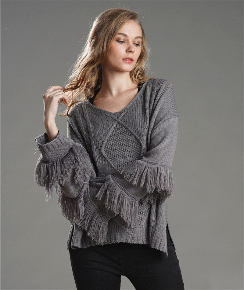 Pullover Loose Sweater Women Tassel Pure Color