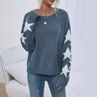 Women's Knitted Sweater Fashion Solid Color Five-pointed Star Jacquard Crew Neck Pullover Sweater