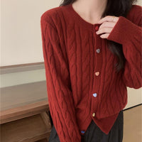 Gentle Color Heart Buckle Cable-knit Sweater Coat For Women