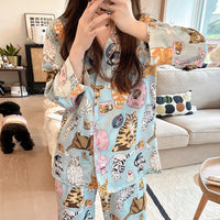 Women's Spring And Summer Cat Cardigan Long-sleeved Pajamas Suit