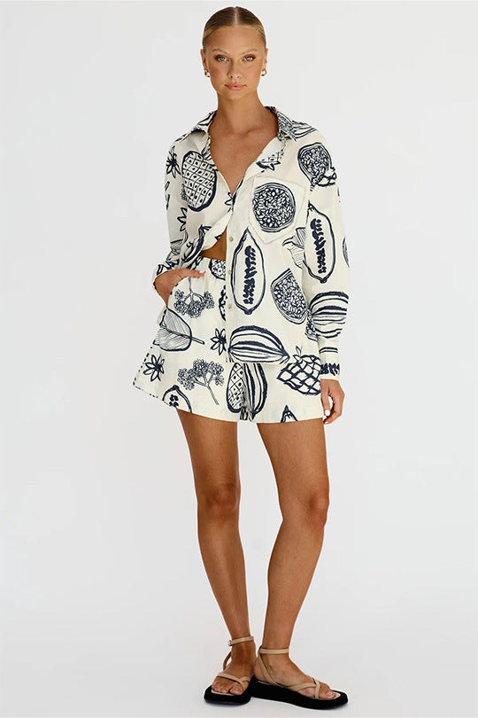 Early Autumn Casual Premium Fruit Printed Shorts Cardigan Suit