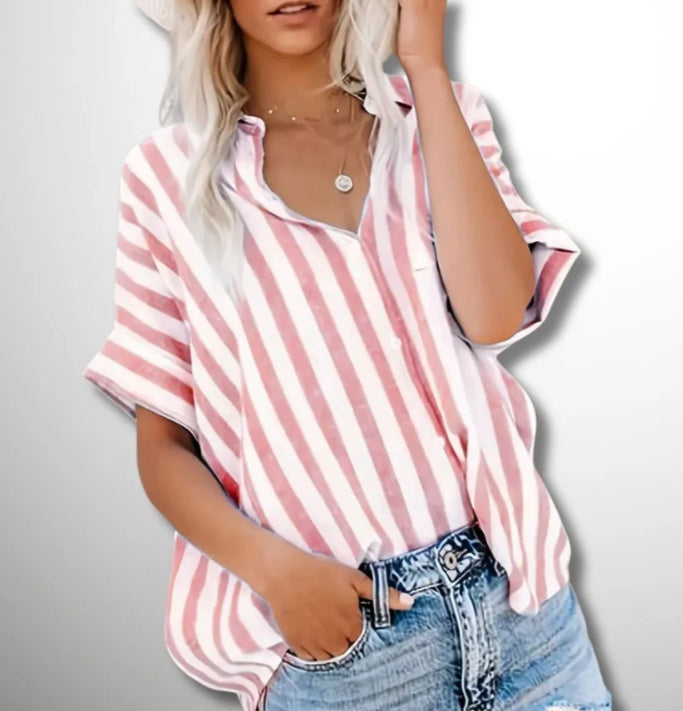 Summer New Women's Short-sleeved Shirt Cotton And Linen Stripes Loose