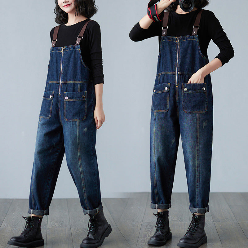 Slim Loose-fitting Dark Wash Jumpsuit For Women