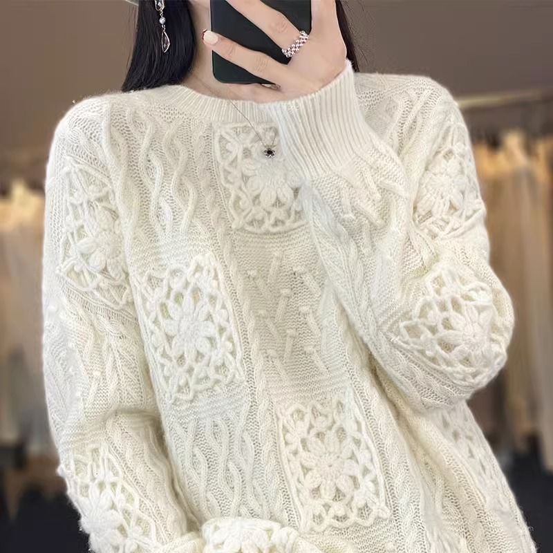 Women's Round Neck Crocheted Hollow Knitted Sweater