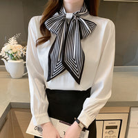 Lady Temperament Satin Striped Shirt With Ribbon