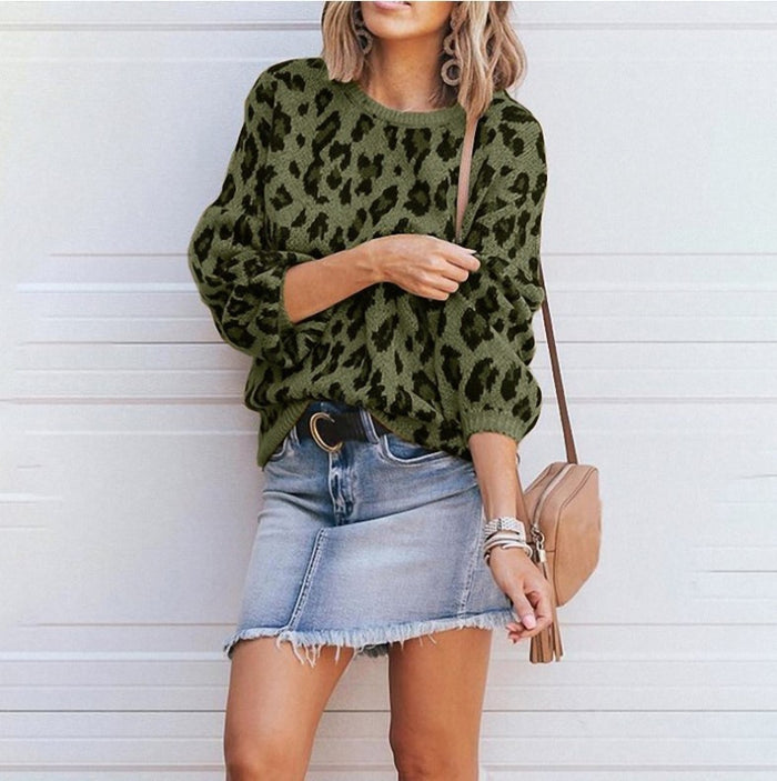 Lantern Sleeve Leopard Jacquard Sweater Female