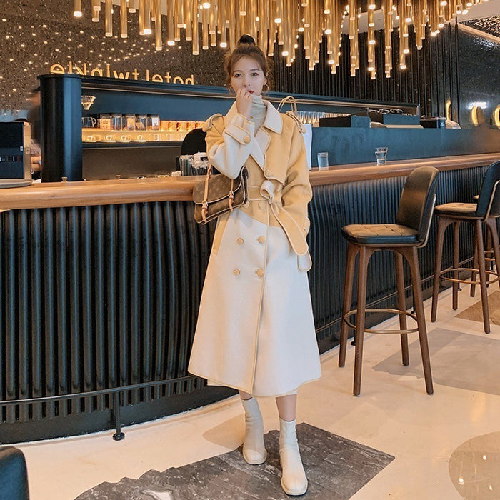 Stitching Contrast Color Edging Woolen Coat Women's Mid-length Thickening