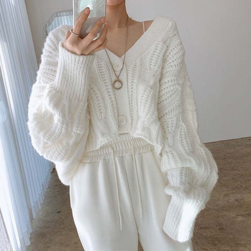 V-neck Single-breasted Loose Wild Linen Pattern Sweater Coat Women