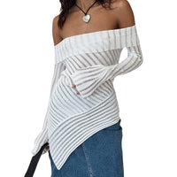 French Style Off-the-shoulder Long Sleeve Design Knitted Woolen Slim Top For Women