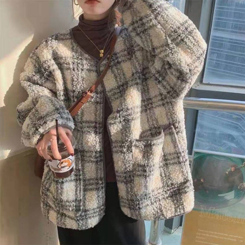 Fashion Women's Loose Check Lamb Wool Coat