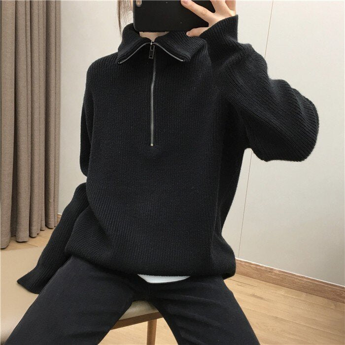 Elegant Large Lapel Zipper Pullover Sweater For Women