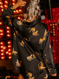 Solid Color Satin Long Sleeve Cardigan Animal Print Shirt