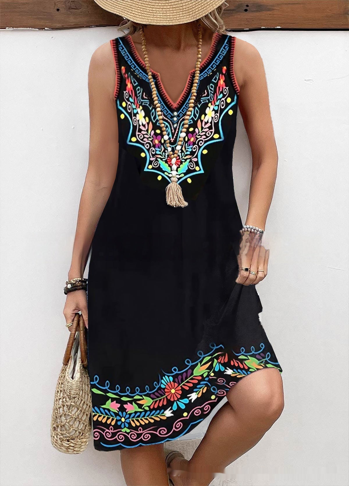 Spring And Summer Digital Printed V-neck Dress