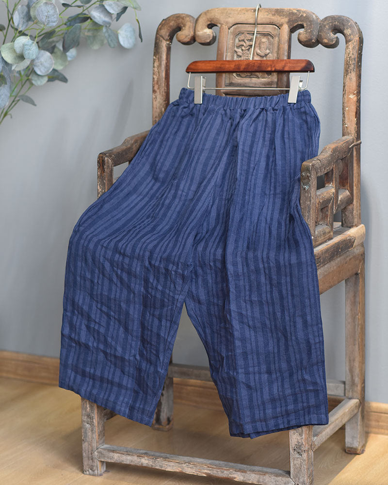 Cropped Artistic Casual Elastic Waist Loose Plus Size Linen Women's Pants