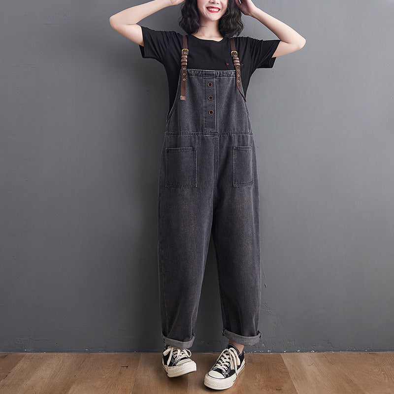 Spring And Summer Literary Plus Size Slim Denim Overalls