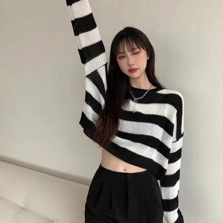 Short Top Women's Outer Wear Pullover Stripe Sweater