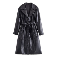 Stylish Belted Faux Leather Trench Coat