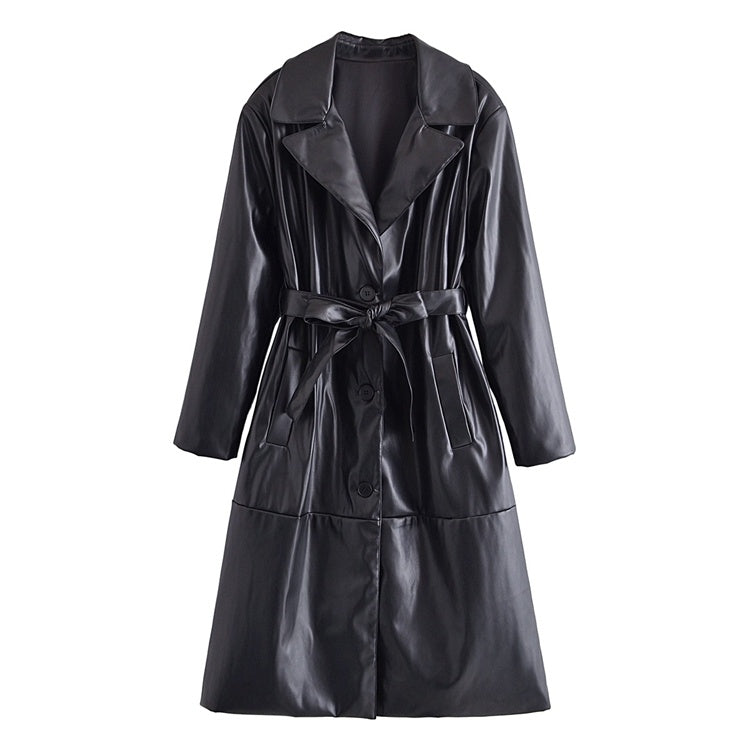 Stylish Belted Faux Leather Trench Coat