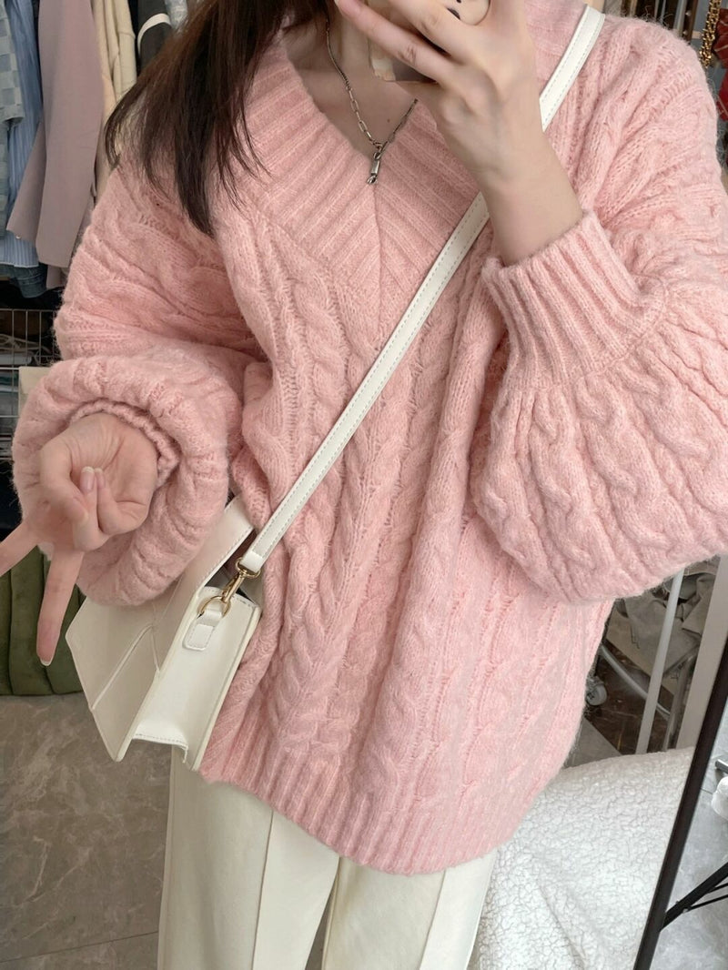 V-neck Thickening Cable-knit Sweater Women