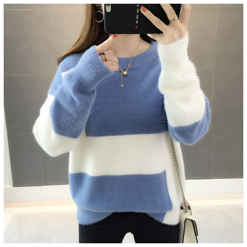 Casual Loose Pullover Long Sleeve Top Mink Wool Sweater