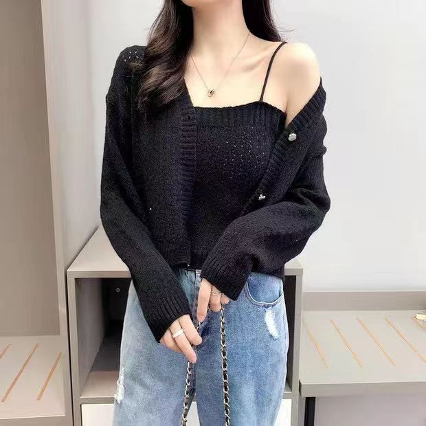 Women Autumn New Thin Short Jacket Knitted Cardigan Two Pieces