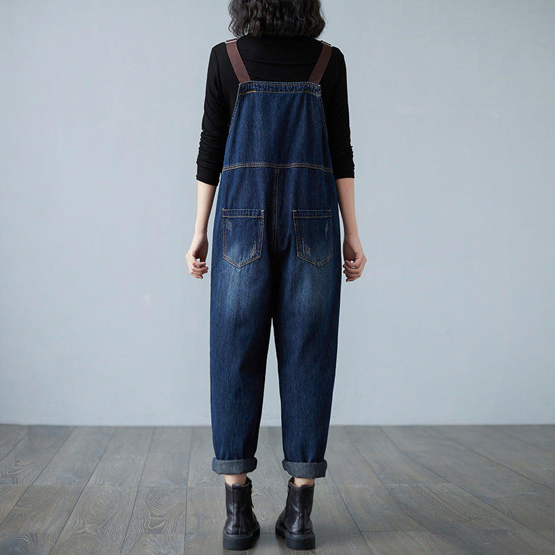 Slim Loose-fitting Dark Wash Jumpsuit For Women