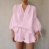 Cotton And Linen Solid Color Loose V-neck Lantern Sleeve Shorts Two-piece Set