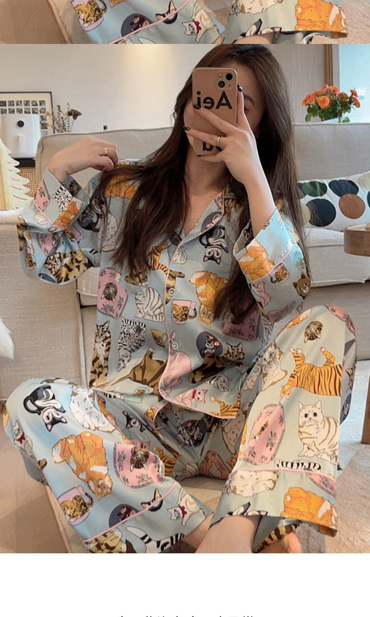 Women's Spring And Summer Cat Cardigan Long-sleeved Pajamas Suit