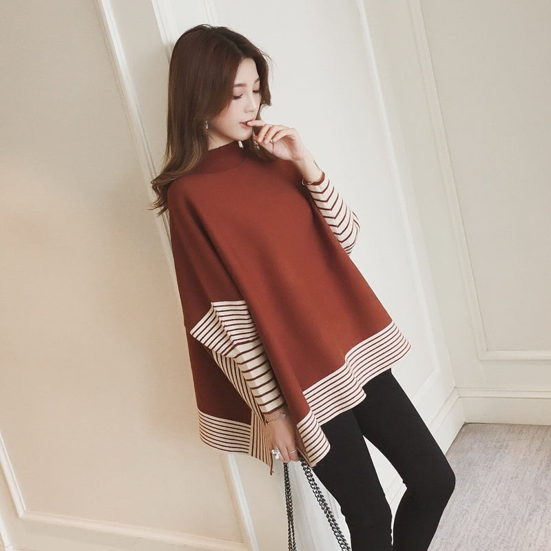 Striped Contrast Color Shawl Women's Long-sleeved Sweater