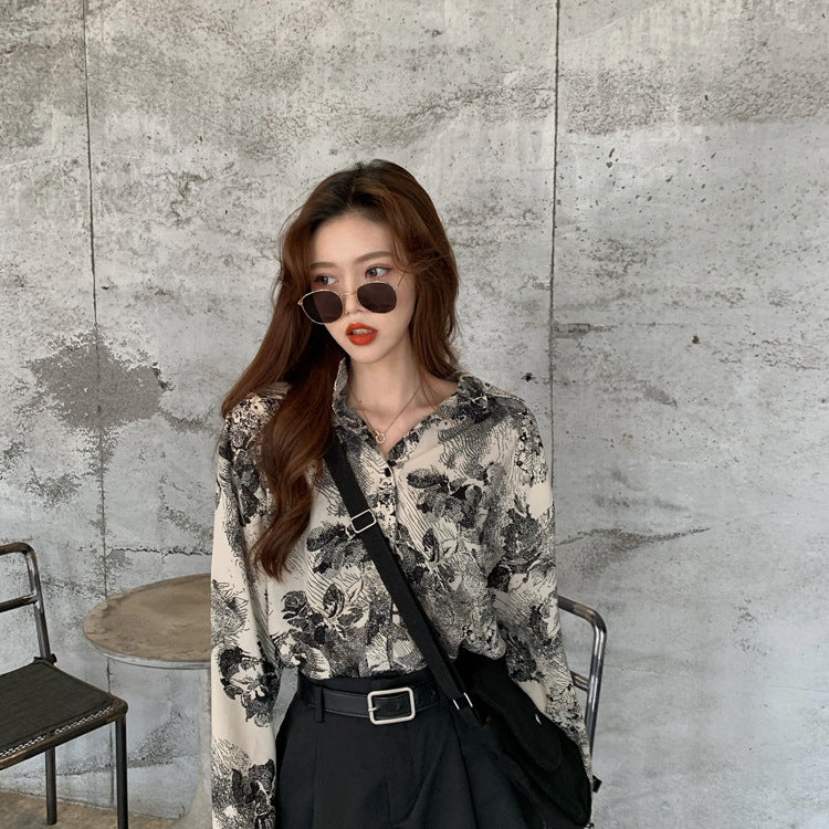 Retro BF Style Loose Casual Abstract Printing Long Sleeve Shirt