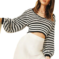 Thin Loose Lantern Sleeves Black And White Striped V-neck Short Soft Trendy Sweater