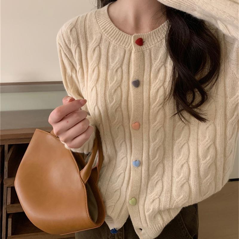 Gentle Color Heart Buckle Cable-knit Sweater Coat For Women