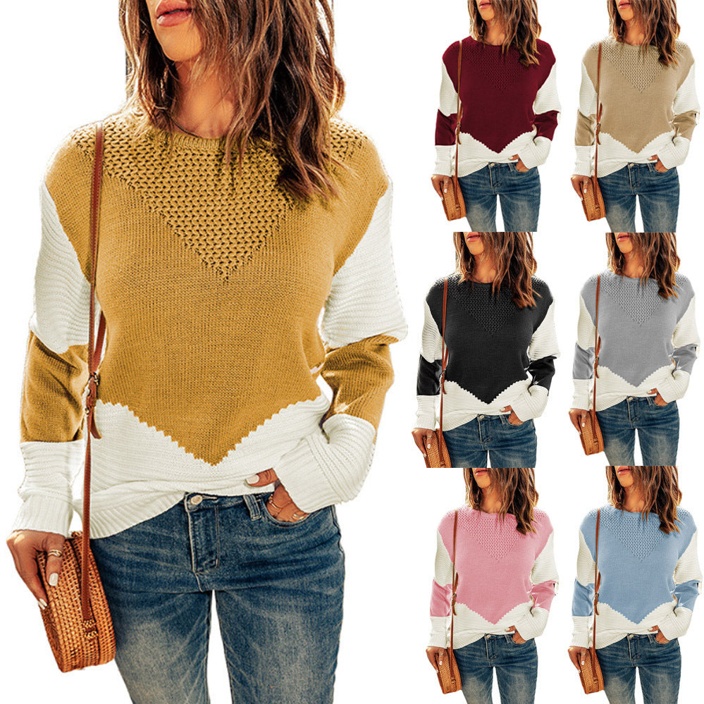 European And American Knitted Top Women's Autumn And Winter Clothing New Round Neck Contrast Color Bottoming Shirt