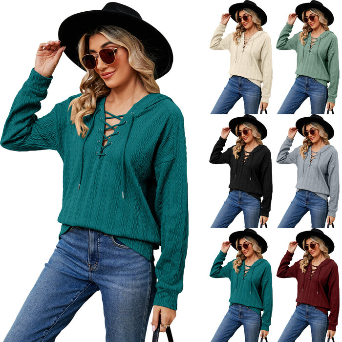 Women's Solid Color Hooded Sweater Neckline Tied Long Sleeves Top