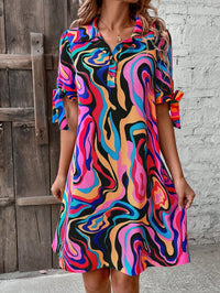 European And American Fluid Print Shirt Dress Half Sleeve Bow Casual