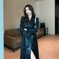 Fashionable Elegant Leather Coat Trench Coat For Women Lace-up Waist-controlled Long-cut Coat