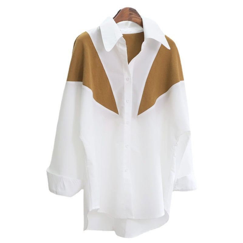 Women's Single-breasted Long Sleeve Lapel Color Matching Shirt