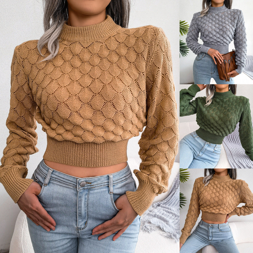 Stereoscopic Diamond Hollow Long Sleeved Navel Knitting Sweater