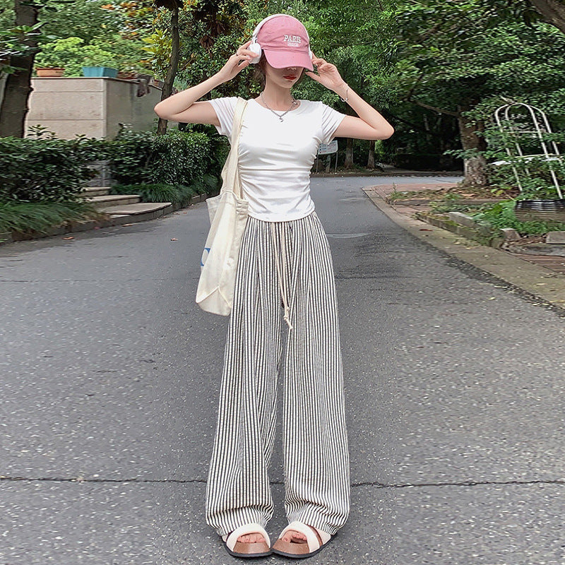 Two-tone Vertical Stripes Thin High Waist Casual Loose Wide Leg Pants