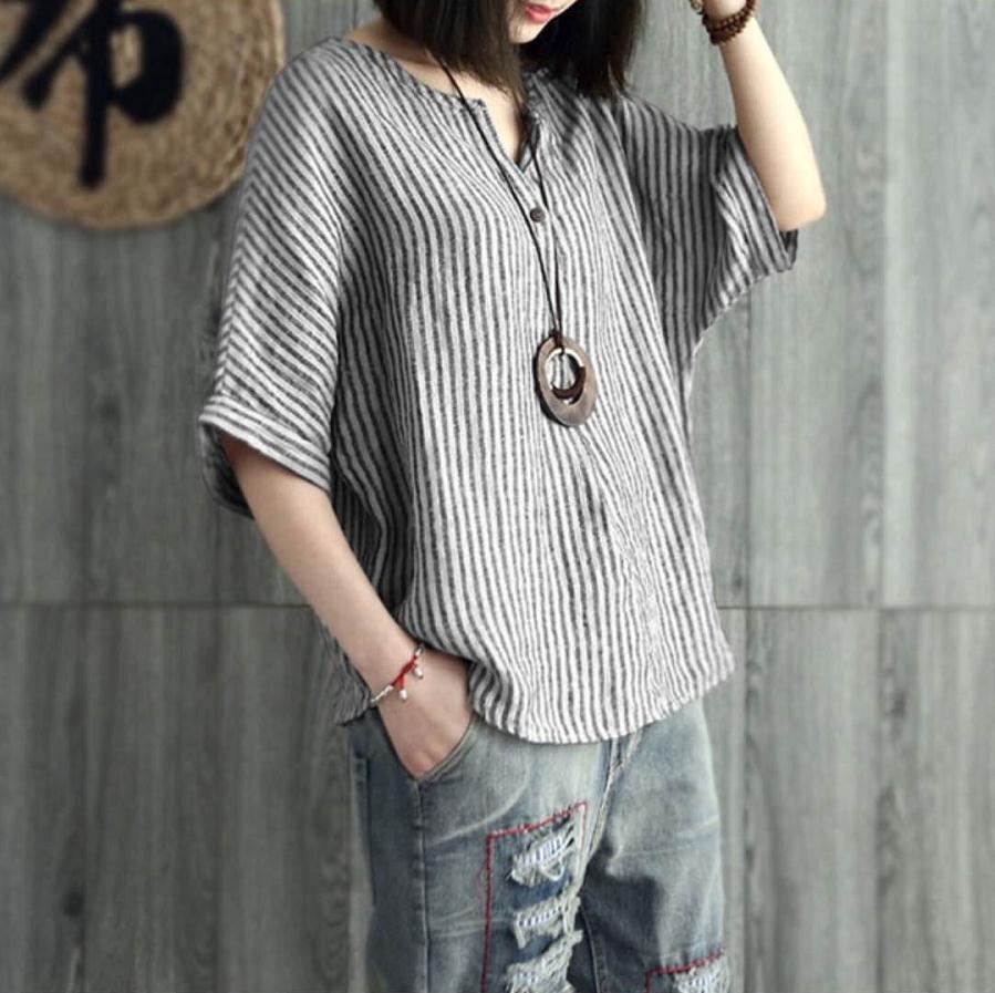 Women's Batwing Sleeve Striped Cotton Crew Neck Casual T-shirt