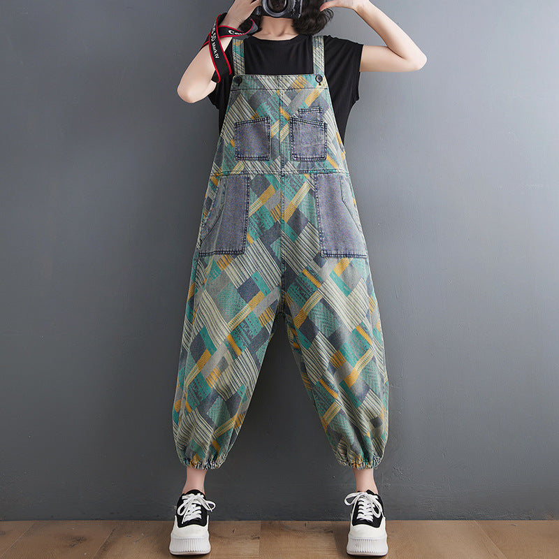 Literary Retro Large Size Printed Jean Suspenders