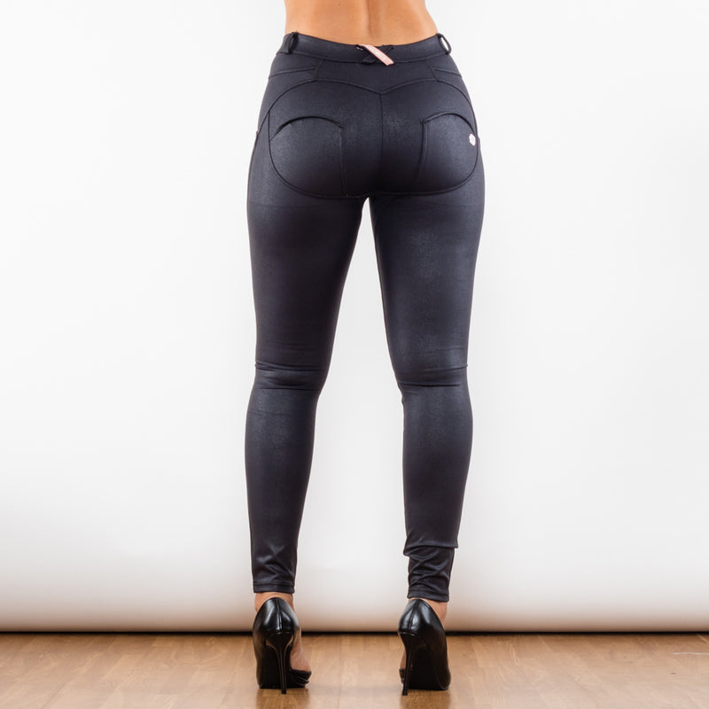 Shascullfites Melody Crackle Black Coated Middle Waist Lift Pants