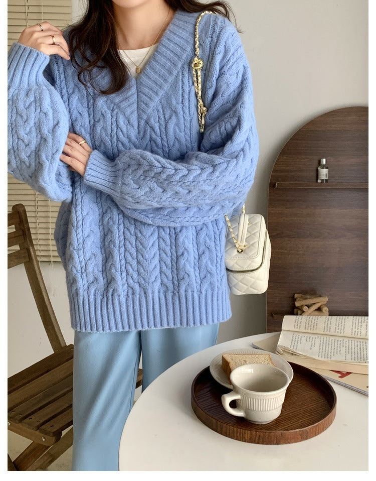 V-neck Thickening Cable-knit Sweater Women