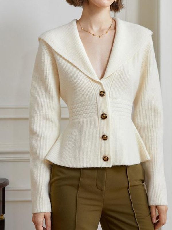 French Style Large Lapel Nipped Waist Knit Sweater Women's Coat