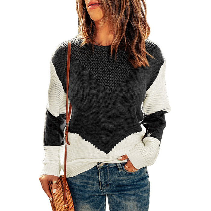 European And American Knitted Top Women's Autumn And Winter Clothing New Round Neck Contrast Color Bottoming Shirt